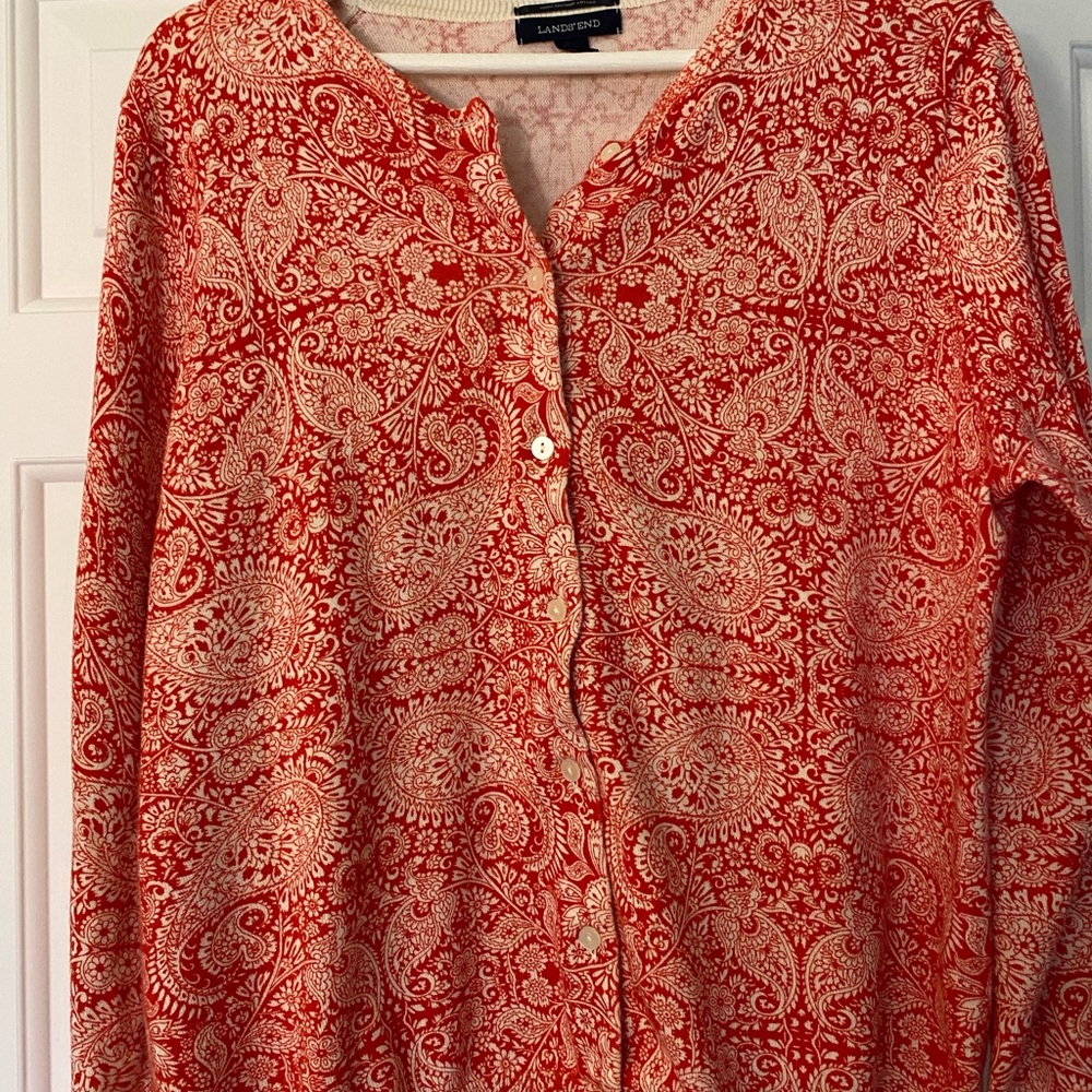 Lands' End Red and White Paisley Cardigan
